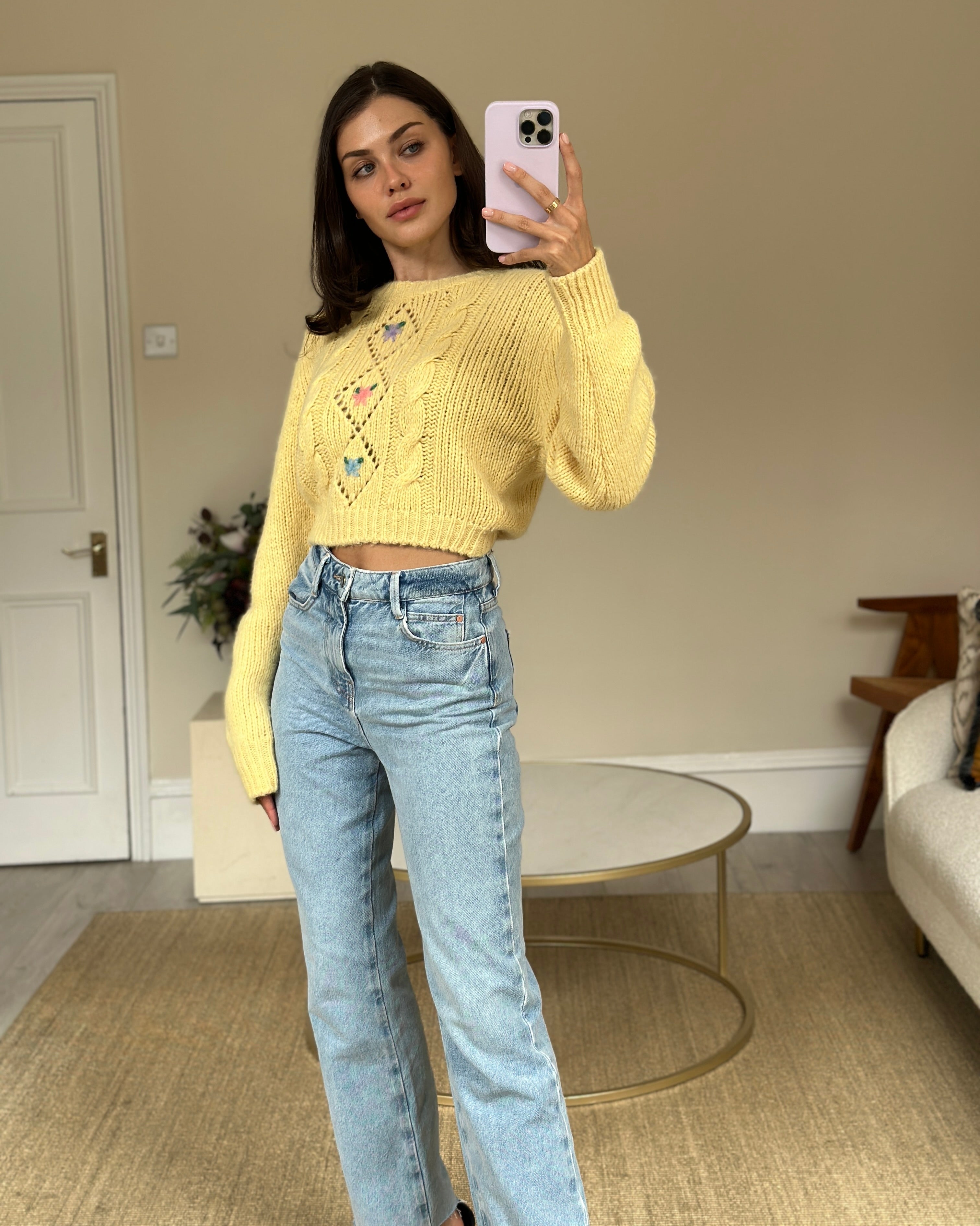 Alessandra Rich Yellow Long Sleeve Cropped Sweater with Flower