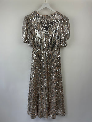 Rotate Silver Sequin Puff Short Sleeve Maxi Dress with Front Slit Size UK 14