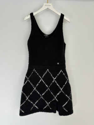 Chanel 23N Black Cashmere and Silk Sleeveless Mini Dress with Quilted White Embroidery Detail and Crystal Logo Size FR 36 (UK 8)