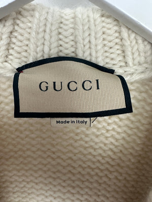 Gucci Cream Wool Cardigan with Green & Red Stripes Detail Size IT L (UK 40)