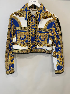 Versace Gold, Blue and White Cropped Denim Jacket with Printed and Button Details Size IT 44 (UK 12)