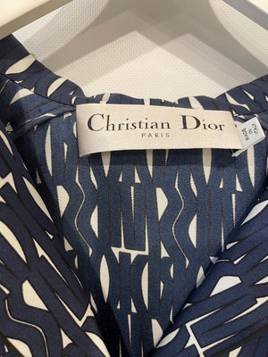 Christian Dior White and Navy Silk Top and Trousers Set with Logo Prints Size FR 38/40 (UK 10/12)