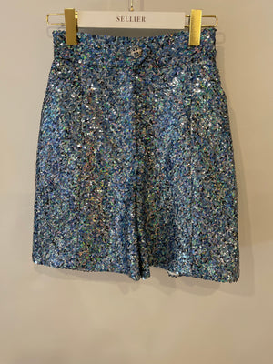 *HOT* Chanel 19P Blue Sequin Cropped Top and Short Set with Embellished Buttons Size FR 34 (UK 6) RRP £9,150