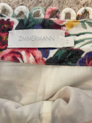 Zimmermann White Multicoloured Floral Linen Shorts and Crop Top Set Size 0 (UK 8)