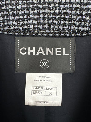 Chanel Black & Grey Metallic Tweed Curved Hem Jacket with Ruthenium CC Button Detail FR 36 (UK 8)