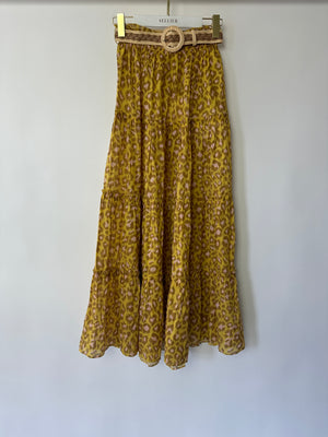 Zimmermann Lemon Leopard Carnaby Tiered Skirt with Raffia Belt Size 1 (UK 10)