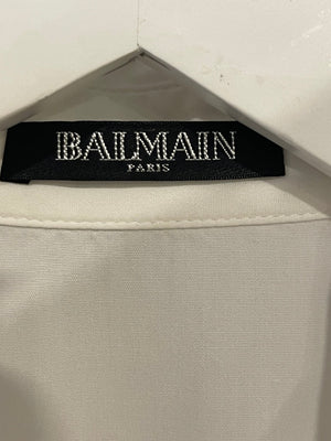 Balmain White Shirt with Gold Buttons and Shoulder Pad Details Size FR 40 (UK 12)