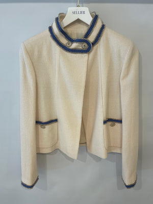 Chanel 14C Cream & Blue Tweed Long Sleeve Jacket with Gold CC Logo Details Size FR 40 (UK 12)