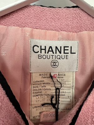 Chanel 94C Pink Tweed Jacket with Black Trim and Gold CC Logo Button Details, Size FR 42 (UK 14)