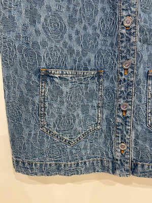 Chanel 23S Blue Denim Vest with CC, Camelia and Button Details Size FR 36 (UK 8)