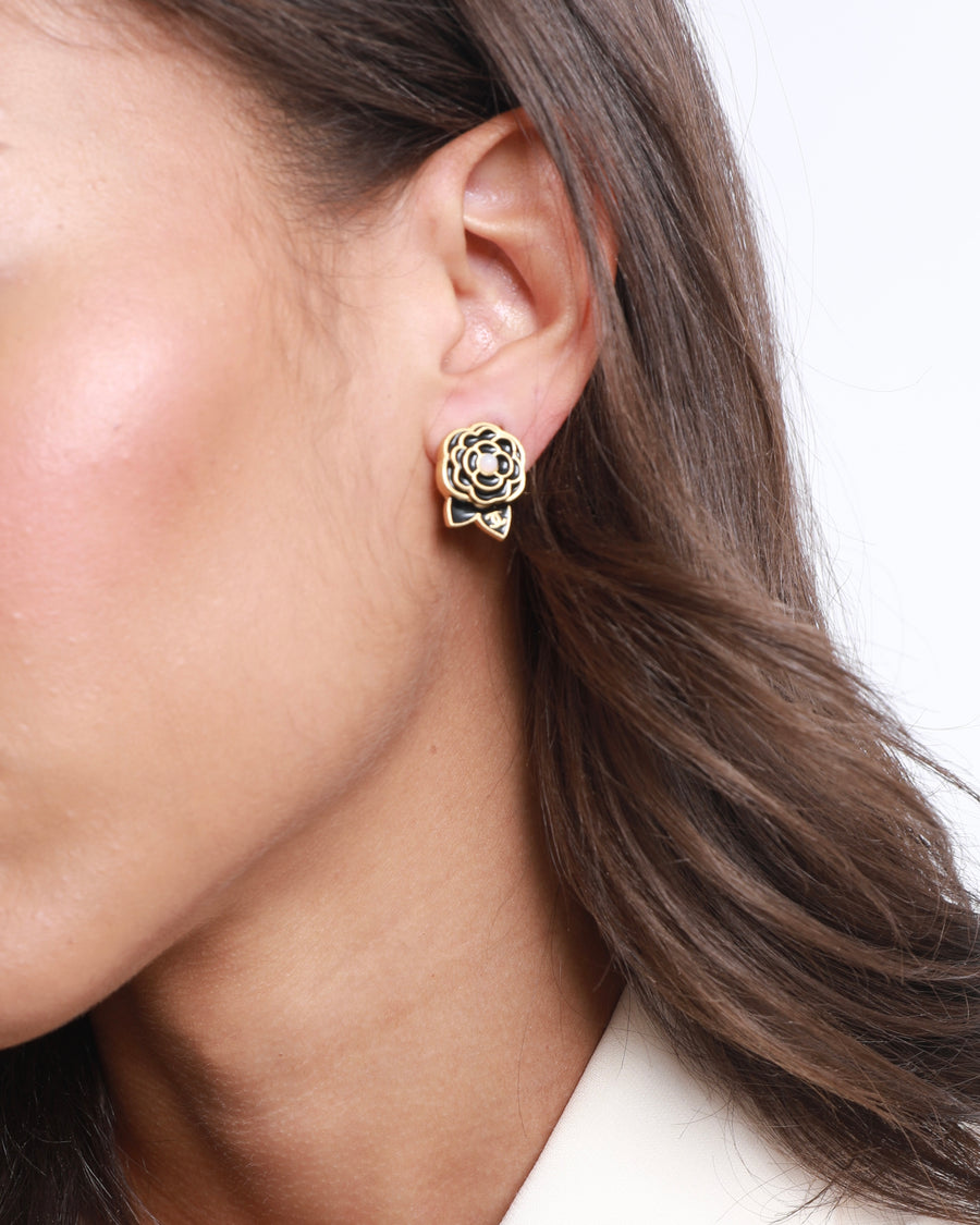 Chanel Vintage Black Camelia Flower Clip-On Earrings with CC Logo Detail