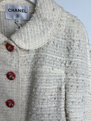 Chanel 17P Cream Tweed Round Neck Collar Jacket with Pink Buttons and Pocket Detail Size FR 38 (UK 10)