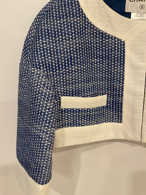 Chanel Blue and White Mid-Sleeve Cropped Jacket with Zip and Pockets Size FR 38 (UK 10)