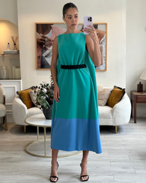 Roksanda Green, Blue Block Colour Midi Dress with Black Bow Detail Size UK 10