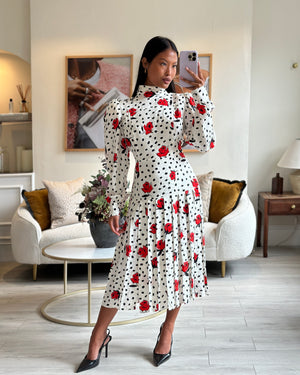 Alessandra Rich Black and White Polkadot Silk Long-Sleeve Midi Dress with Red Floral Details Size IT 44 (UK 12)