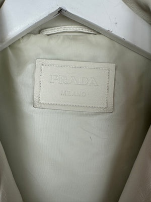 Prada Off White Leather Biker Asymmetric Jacket with Metal Logo Belt Buckle Detail Size IT 42 (UK 10)