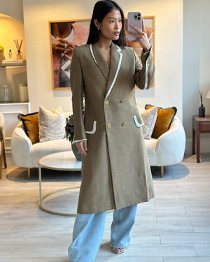 Fendi Khaki Double Breasted Coat with White Trim and Gold Button Detail Size IT 38 (UK 6)