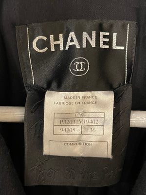 Chanel Black Wool Tweed-Panelled Coat with Fringes, Bow and Patent Leather Belt Detail Size FR 36 (UK 8)