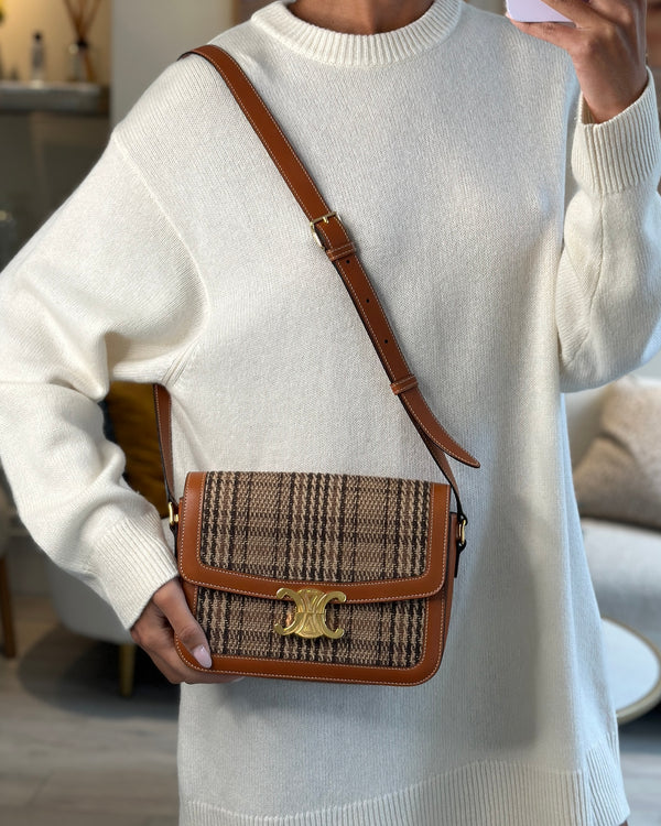 *RARE* Celine Classique Triomphe Bag in Brown Calfskin & Tartan Fabric with Gold Hardware