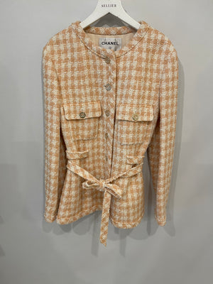 Chanel Cream and Peach Tweed Belted Jacket with Gold CC Logo Button Details Size FR 40 (UK 12)