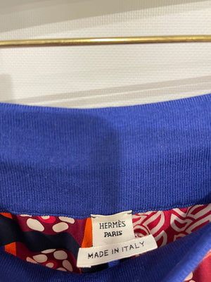 Hermès Royal Blue and Orange Silk Blouse and Matching Short Set with Printed Details Size FR 40 (UK 12)