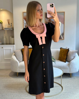 Gucci Black Short-Sleeve Dress with Pink Bow Trim, Crystal Detail Size L (10-12)