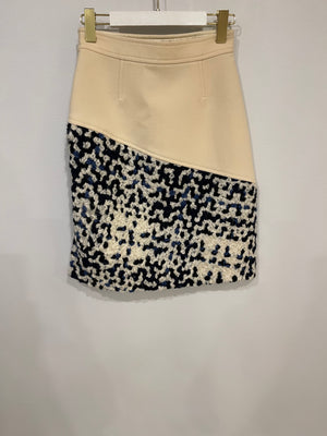 Louis Vuitton Cream Skirt with Navy White Wool Appliqué and Split Details Size FR 36 (UK 8)