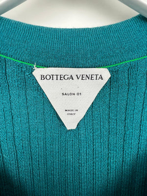 Bottega Veneta Turquoise Ribbed Wool Knit Short Sleeve T-Shirt with Pocket Detail Size Small (UK 8)