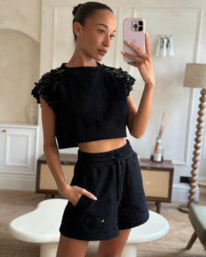 Prada Black Cotton Shorts and Crop Top Set With Sequin Embellishment Detail Size Small (UK 8)