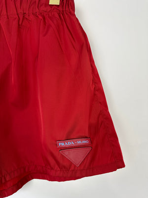 Prada Red Nylon High-Waist Shorts with Leather Plaque Detail Size IT 40 (UK 8)