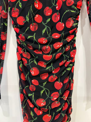 Dolce & Gabbana Black and Red Long Sleeve Ruched Dress with Cherries Print Details Size IT 40 (UK 8)