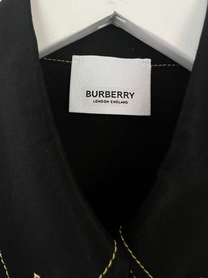 Burberry Black Satin Shirt with Gold Chain Embellishment on the Chest Pockets and Yellow Buttons Size UK 4