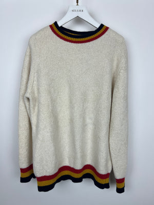 The Elder Statesman Ivory Cashmere Round Neck Jumper with Stripe Detail Size M (UK 10)