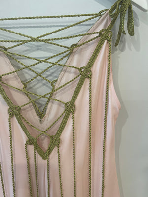 My Beachy Side Baby Pink Maxi Dress with Green Rope Details Size S (UK 8)