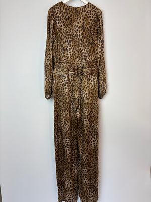 Jonathan Simkhai Leopard Print Satin Jumpsuit With V-Neck and Ruched Waistline Size US 4 (UK 8)