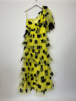 Rodarte Yellow Tulle One Shoulder Maxi Dress With Black Bow Detail Fall 2019 Size UK 10