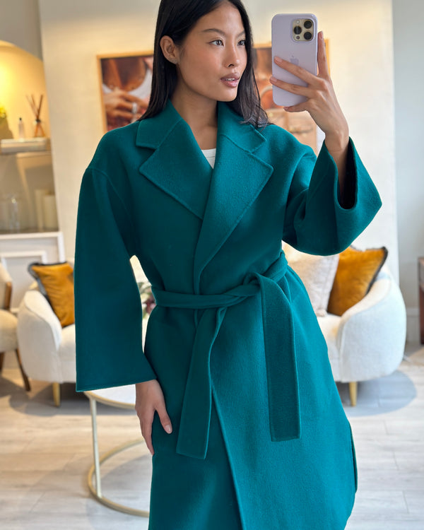 Theory Teal Green Wool Knee Length Belted Coat With Cropped Wide Sleeves Size Medium (UK 10)