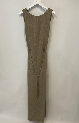 Chanel 08P Beige Sleeveless Linen Maxi Dress with Silver CC Logo Chain Detail FR 40 (UK 12)