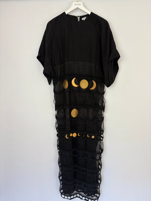 Loewe Black Sheer Cotton Maxi Dress with Embroidery and Gold Moon Charms Size IT 38 (UK 6)