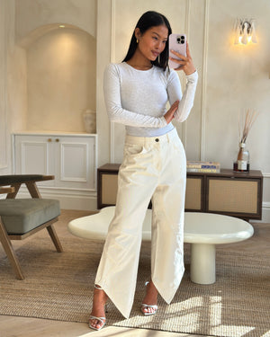 Loewe White Oversized Wide Leg Jeans With Asymmetric Hem and Leather Logo Detail Size FR 38 (UK 10)