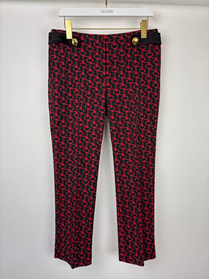 Prada Black & Red Repeating Motif Trousers with Satin Belt and Gold Button Detail Size 42 (UK 10)