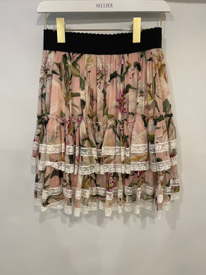 Dolce & Gabbana Pink Multicolour Floral Printed Mini Ruffle Skirt with Lace Detail Size IT 38 (UK 6)