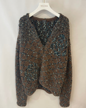 Chanel Brown and Metallic Blue Wool Cardigan with Coco Logo Detail Size FR 40/42 (UK 12/14)