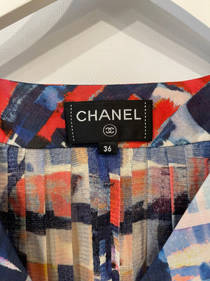 Chanel Multicolour Printed Silk Sleeveless Top with Silver CC Buttons Size FR 36 (UK 8)