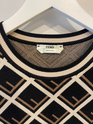 Fendi Black, White and Beige Logo Printed Long-Sleeve Midi Dress IT 42 (UK 10) RRP £1,450