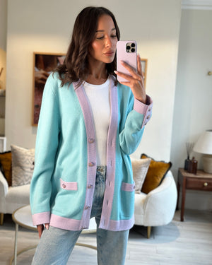 Chanel 24C Turquoise Blue Button Down Cashmere Cardigan with Lilac Trim Detail Size FR 40 (UK 12)