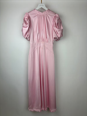 Rotate Pink Satin Ruched Shoulder Midi Dress Size FR 36 (UK 6)