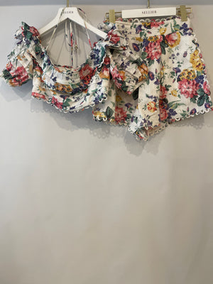 Zimmermann White Multicoloured Floral Linen Shorts and Crop Top Set Size 0 (UK 8)