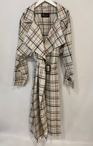 Loro Piana Beige Checked Linen Maxi Trench Coat with Belt Detail Size IT 38 (UK 6)