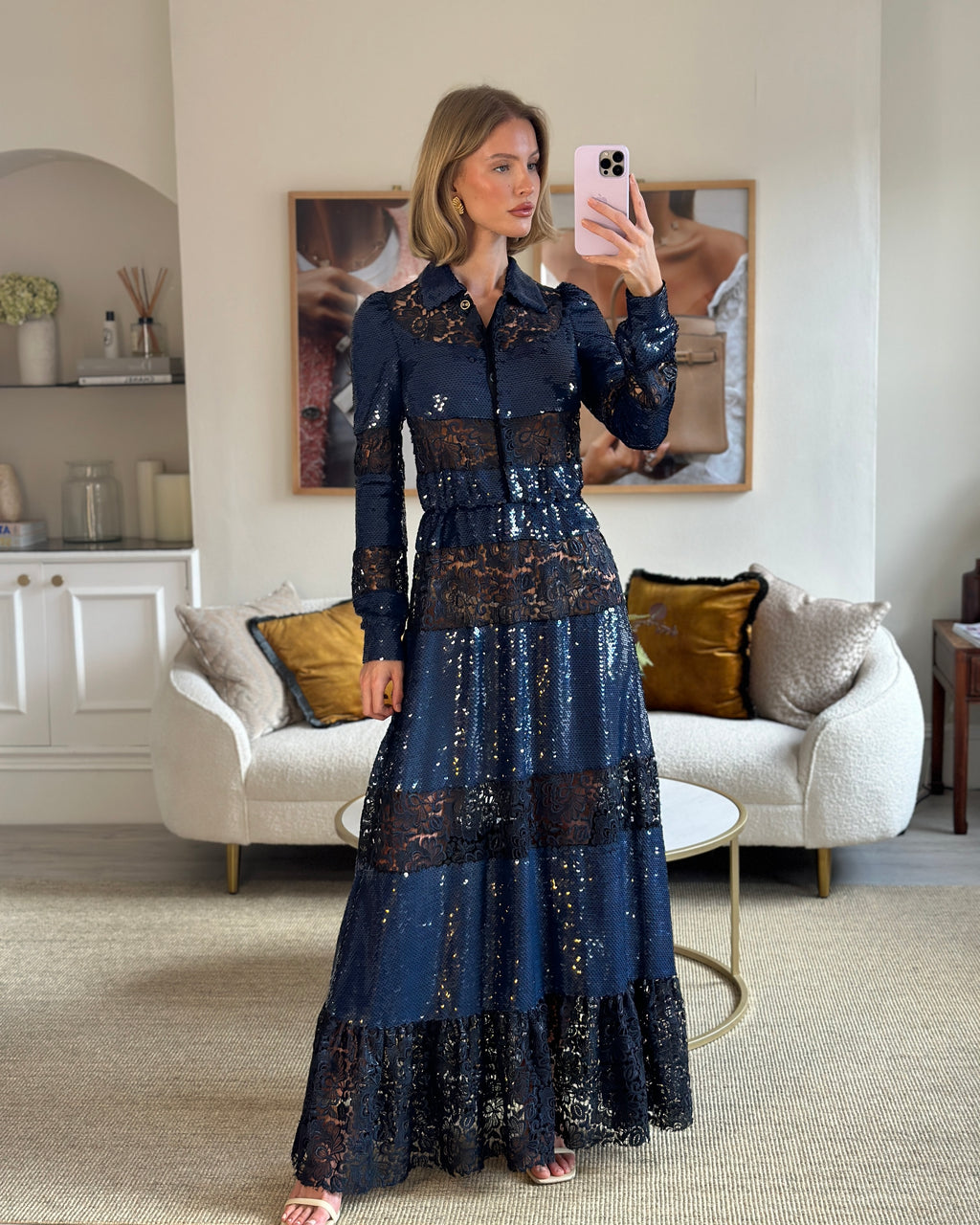 RUNWAY* Sonia Rykiel Navy Sequin and Lace Layered Maxi Gown Size